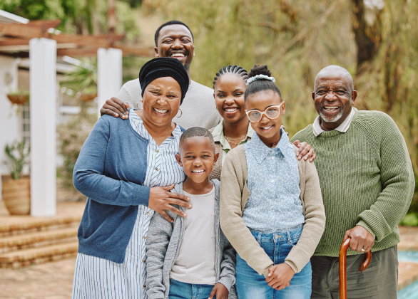Portrait of a multigenerational family standing outside in the backyard