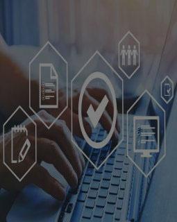 Notepad, paper, checkmark, people, computer icons silhouetted over laptop