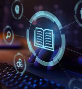 Keyboard and computer screen with icons